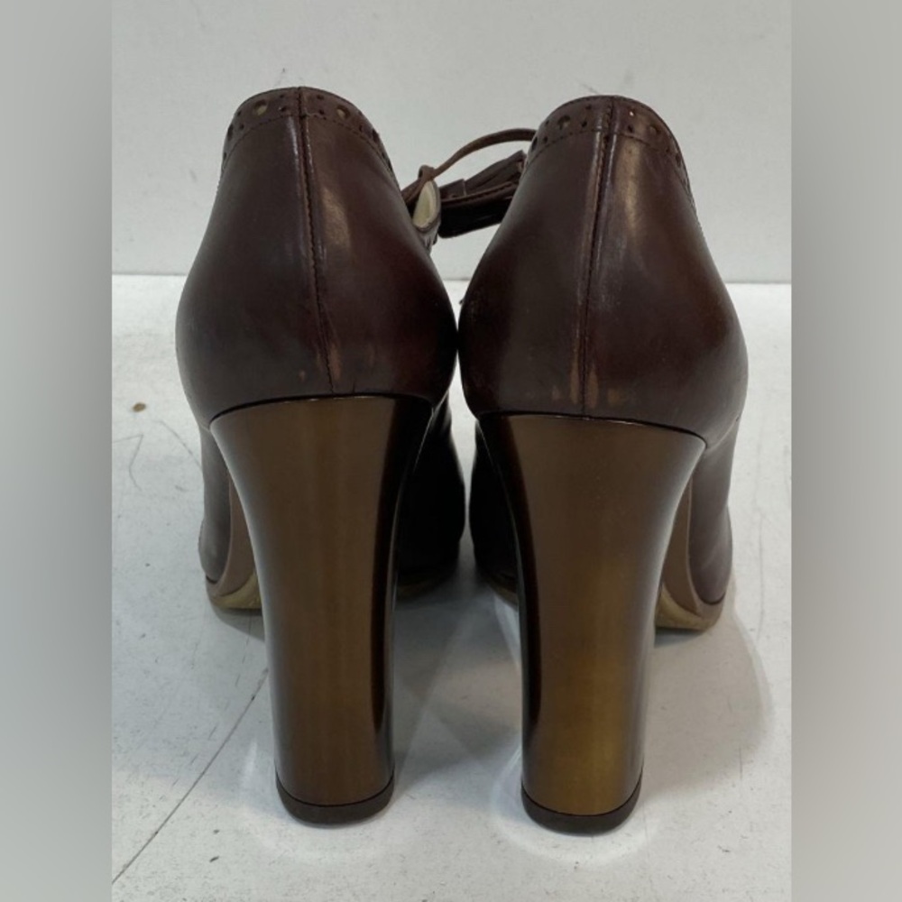 Brown Leather Wingtip Heel Oxford with Gold Accent - Picture 4 of 6